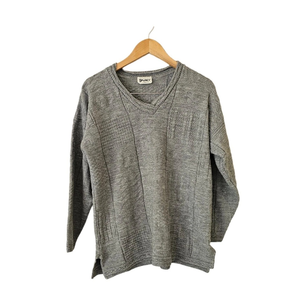 Vintage 80s V-Neck Sweater Textured Hearts Spunky Pullover USA‎ Medium Gray